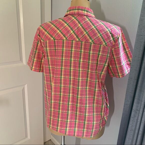 Karen Scott Sport Plaid Short Sleeve Button Down Light Multi-Colored Top - Picture 3 of 5